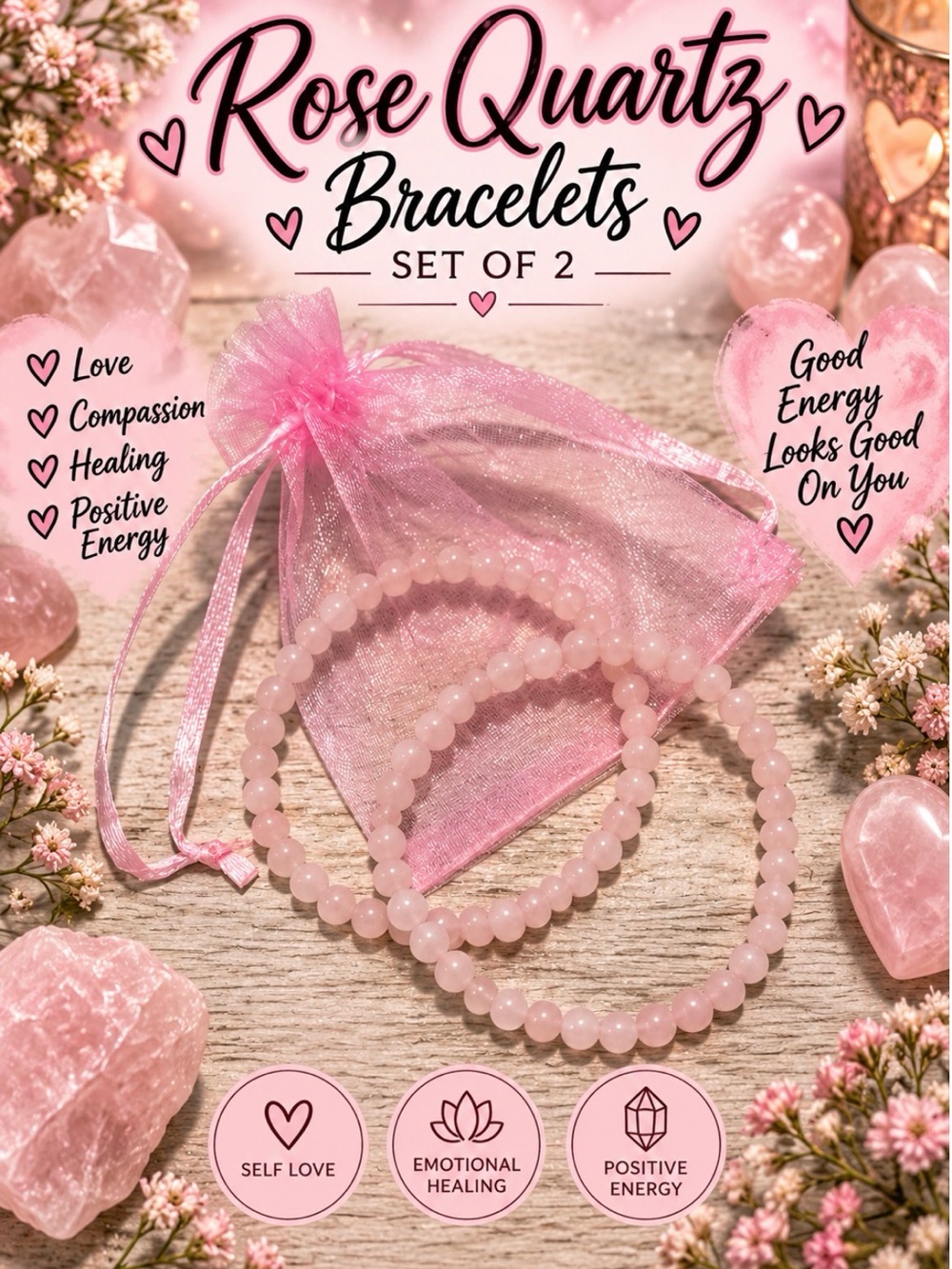 Rose Quartz Bracelet Set of 2 — Pink Beaded Stretch Bracelets - Dainty